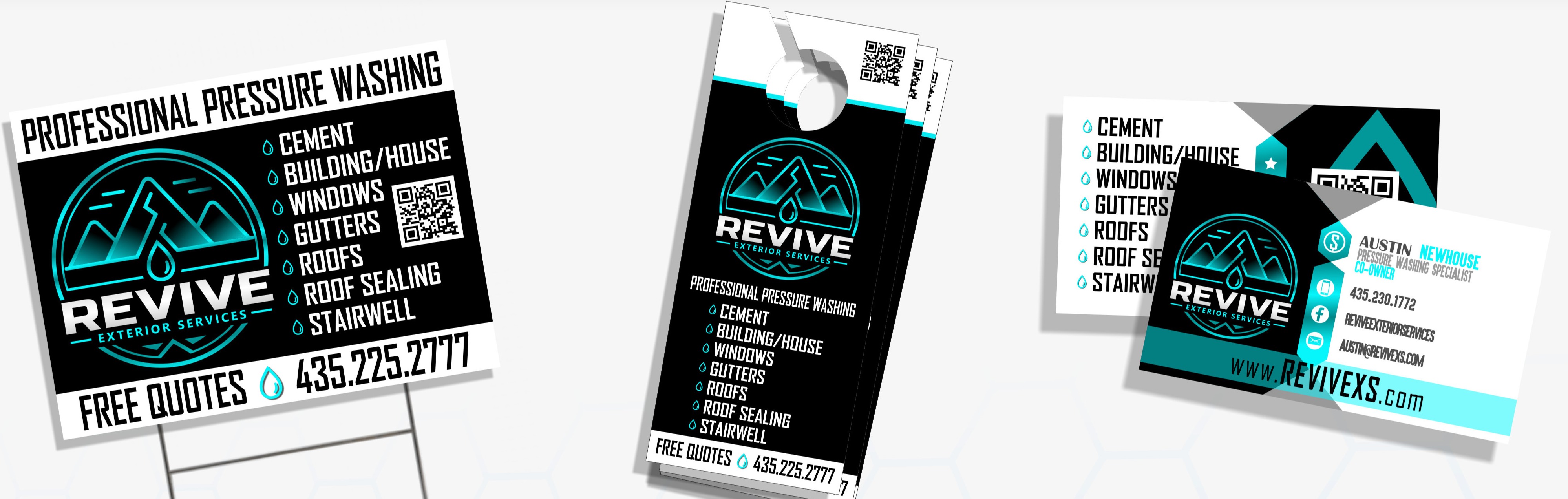 Paper goods examples — yard sign, door hanger, and business card for Revive Exterior Services