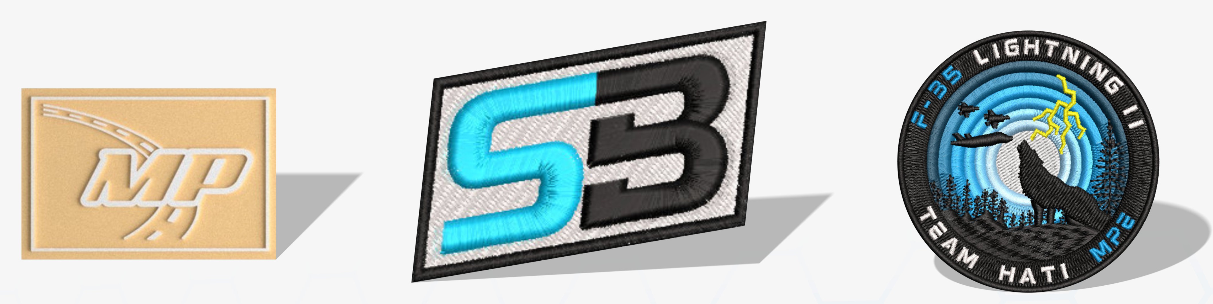 Custom patch examples — leather MP patch, Stewart Branding embroidered patch, F-35 Lightning II Team Hati patch